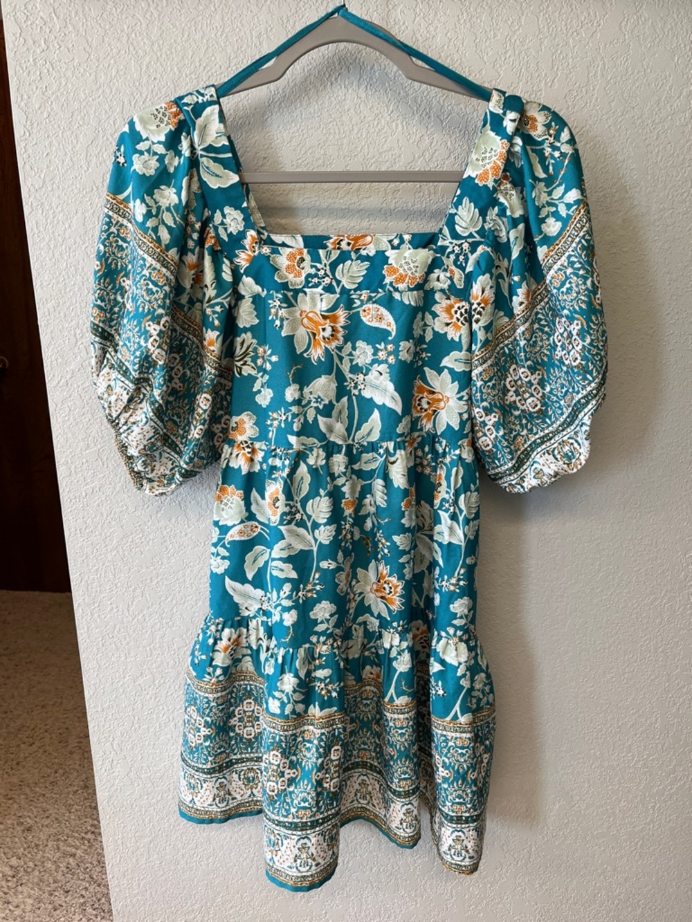 Band Of The Free Teal Floral Puff-Sleeves Dress